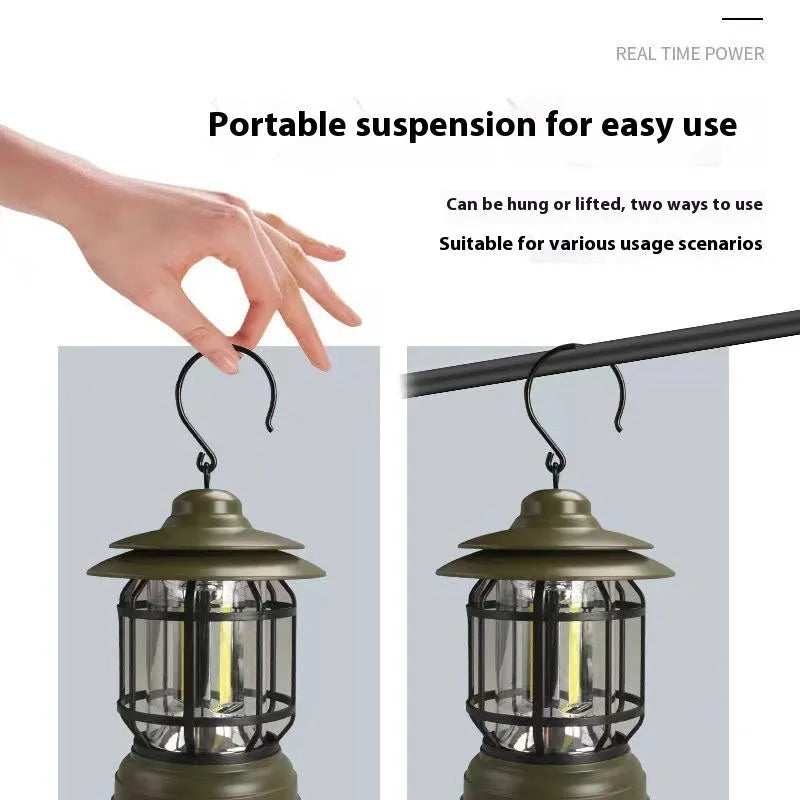 Dark green portable camping lantern with head strap, shown as a headlamp and standalone light for booths.