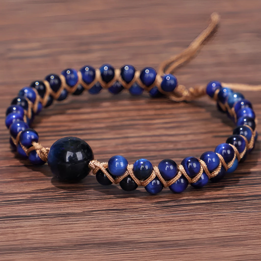 Hand-woven geometric pull bracelet with tigereye stone beads in blue or amethyst colour