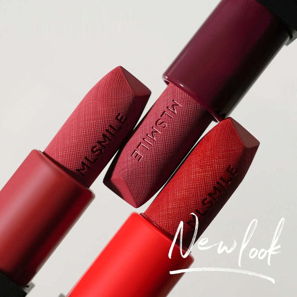 MLSMILE embossed lipstick set showing three tubes in a box with choice of A or B Suit colours.