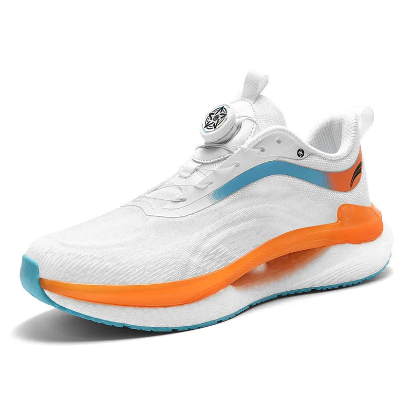 Men's high-top breathable sports sneakers in cotton candy colour with buckle closure and mesh upper.