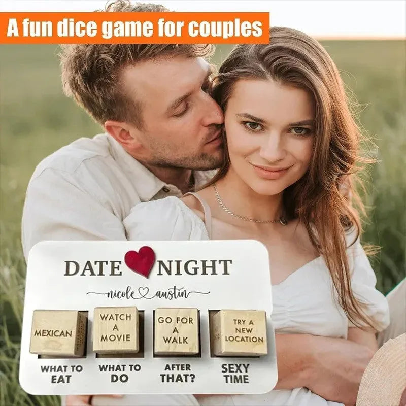 Wooden date night dice set with five dice, planner board and black storage bag for couples