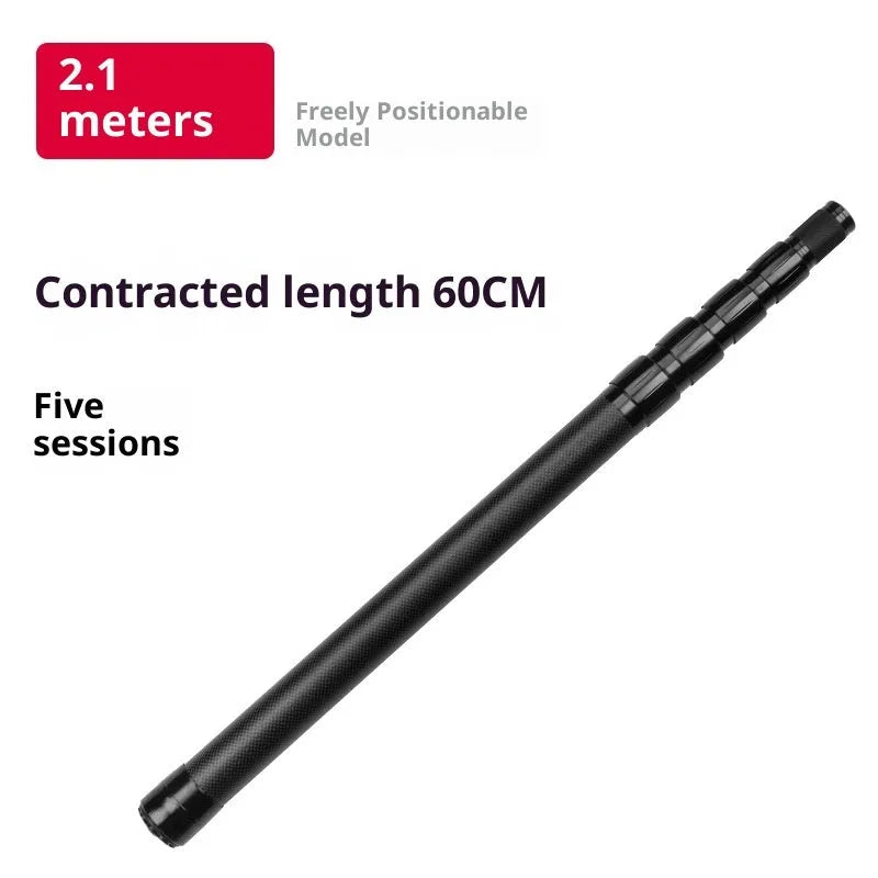 Carbon telescopic fishing rod with free orientation spool collapsed and extended views showing compact storage
