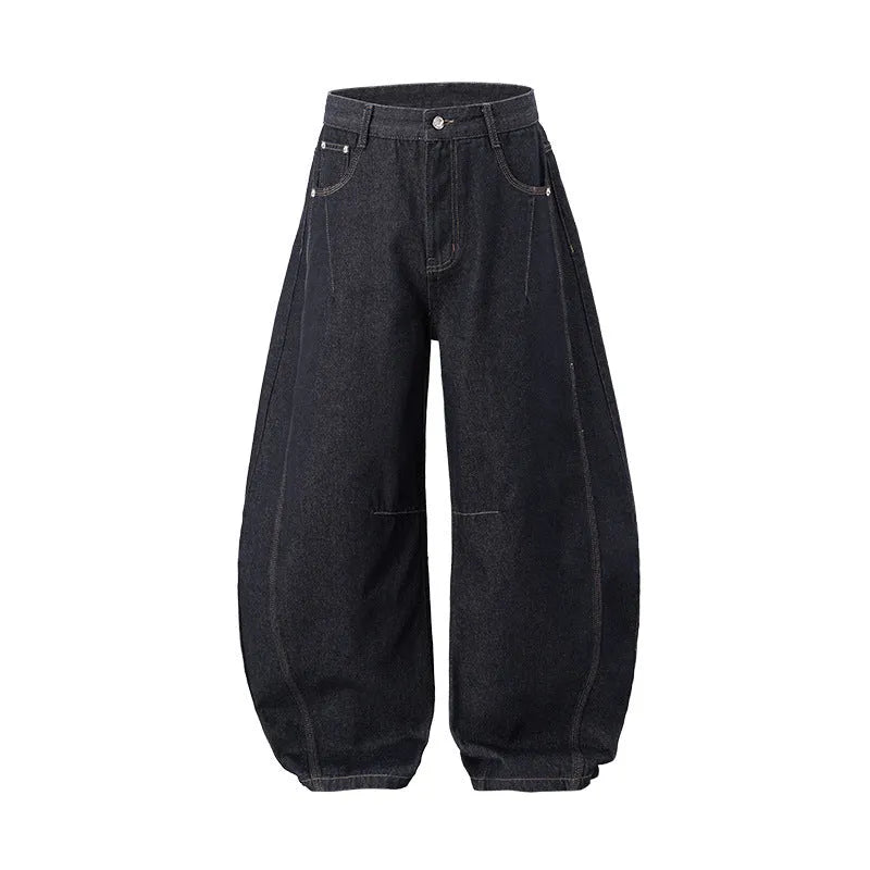 Men's wide leg denim trousers in original cow colour cotton fabric with mid-waist fit