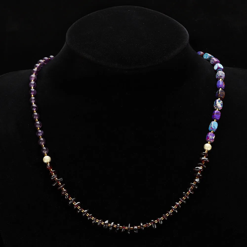 Handcrafted purple amethyst and garnet stone bracelet with geometric bead arrangement