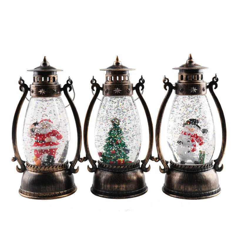 Crystal ball LED oil lamp Christmas decoration showing snowman or elderly figure winter scene inside spherical design