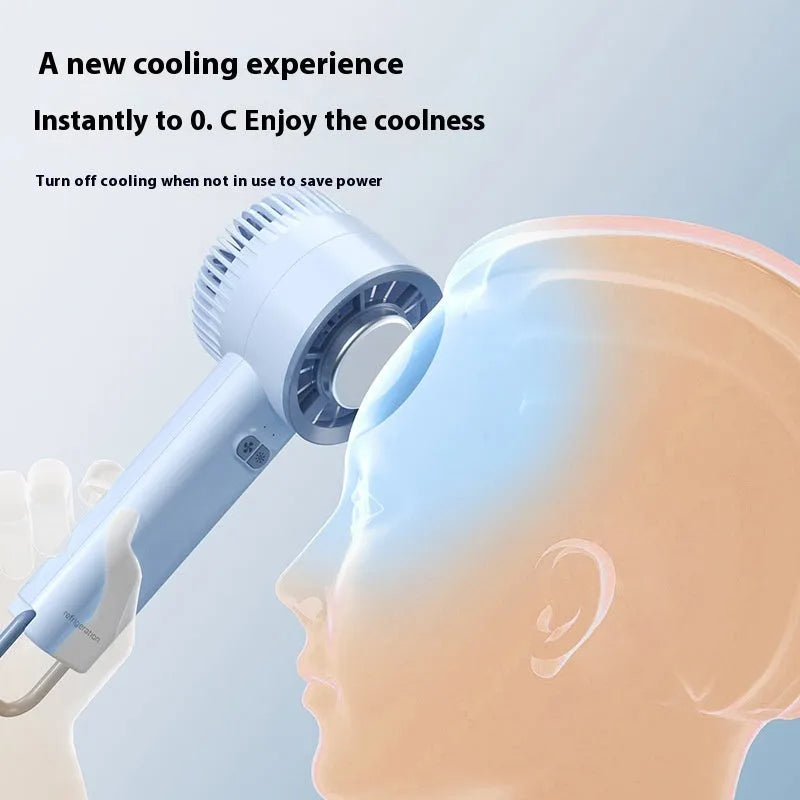 White handheld turbo jet fan with brushless motor and ice cooling function showing compact design