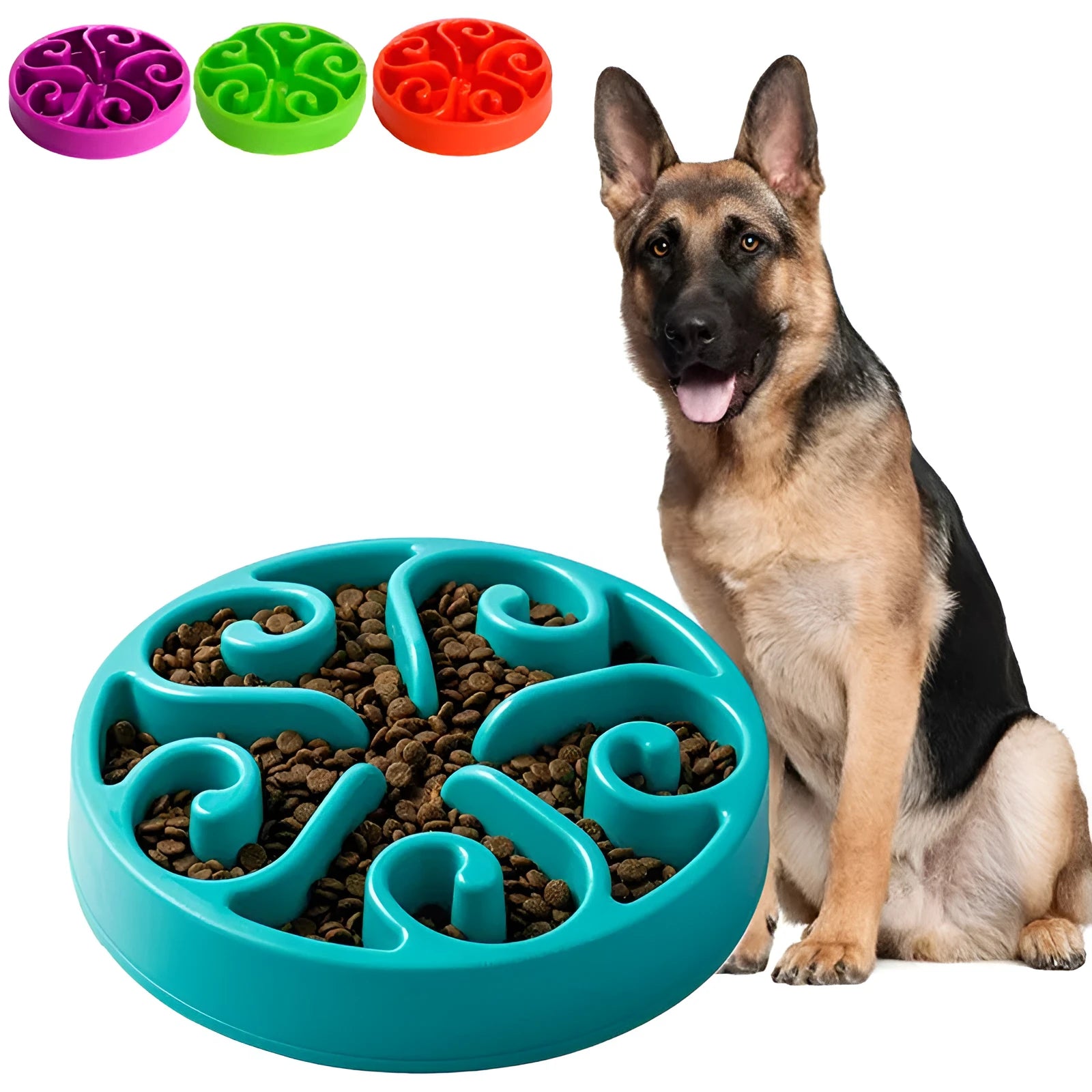 A slow feeder dog bowl with a maze pattern inside, shown in one of six available colours on a non-slip base.