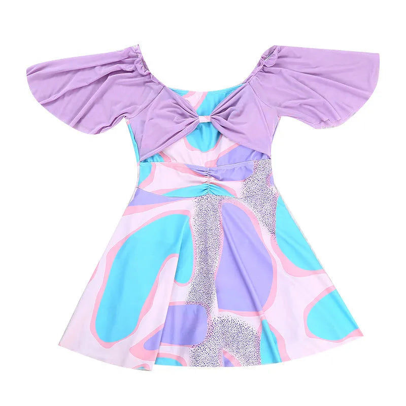 Women's floral high-waist one-piece swimsuit in light purple and light blue patterns