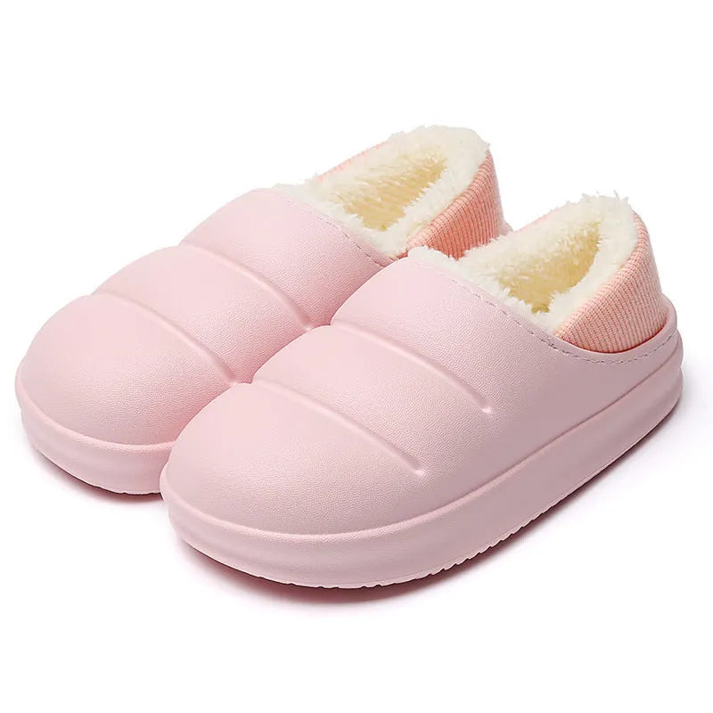 Women's waterproof EVA slippers in various colours with plush lining and a non-slip flat sole.
