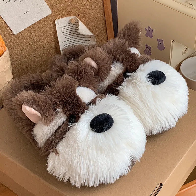 Cartoon Schnauzer puppy pattern plush slippers in gray for men and women with flat heel