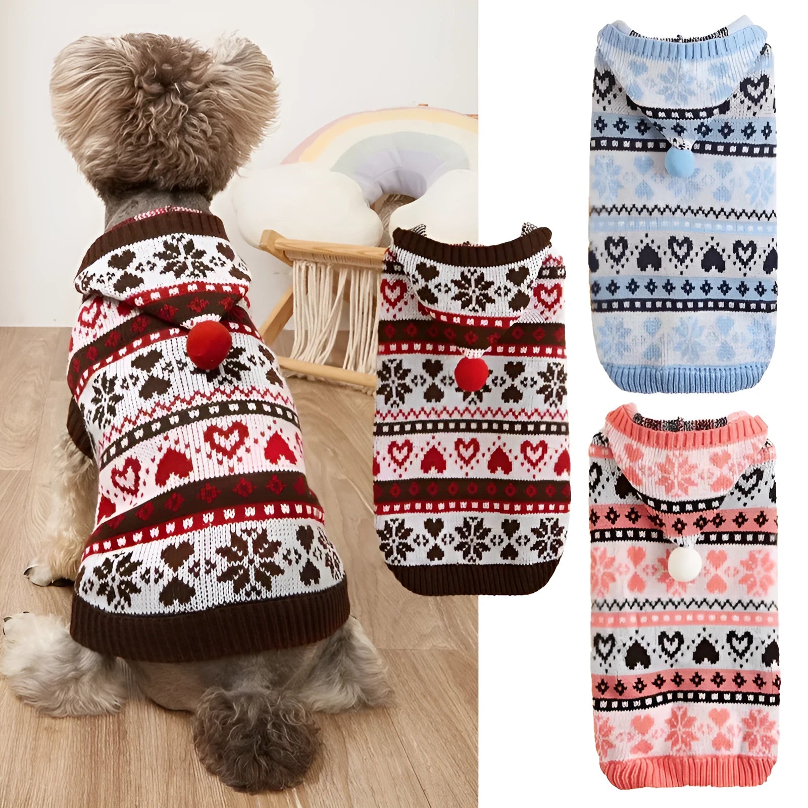 Small pink dog sweater with striped camouflage and snowflake patterns on a mannequin.
