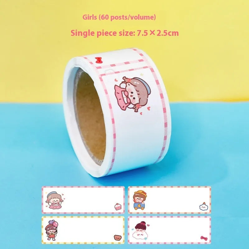 Cartoon name tape stickers in dinosaur, astronaut, rabbit, and girl designs