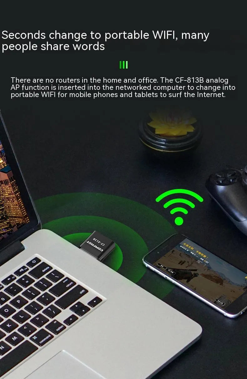Black dual-band USB Wi-Fi and Bluetooth adapter with nickel-plated connector for computers