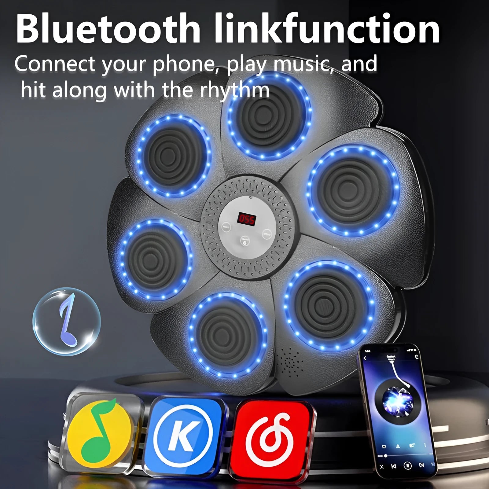 Black smart boxing wall target with lights, paired with half-finger boxing gloves, for indoor training.