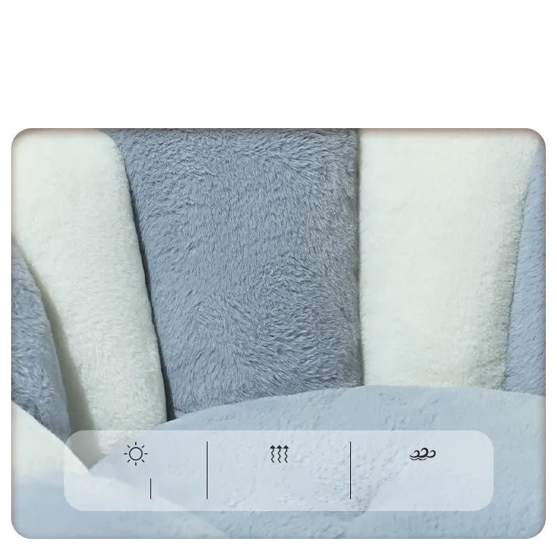 Grey white rabbit fur pet shell nest kennel for cats and dogs, shown in three sizes.