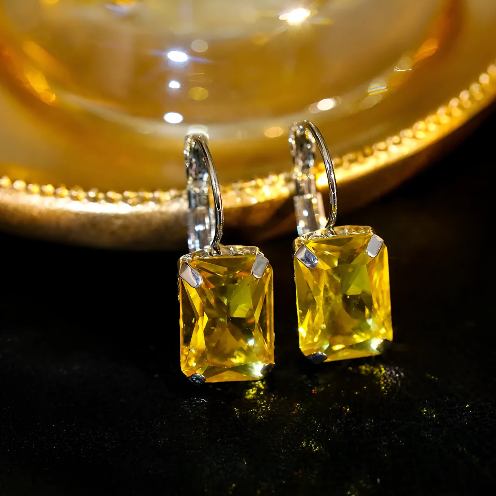 Square crystal fashion earrings in copper with red, yellow, and purple colour options