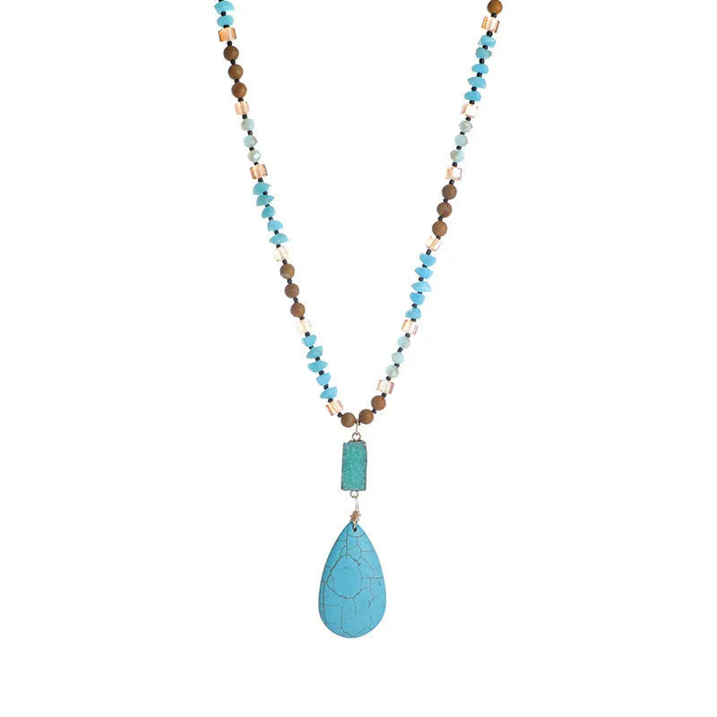 Blue turquoise necklace with large water drop pendant and imitation mineral gemstone detail