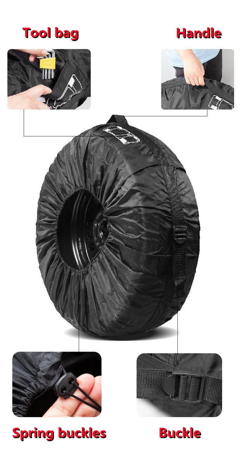 Four oxford cloth car tyre protective covers showing black belt style and red belt style options