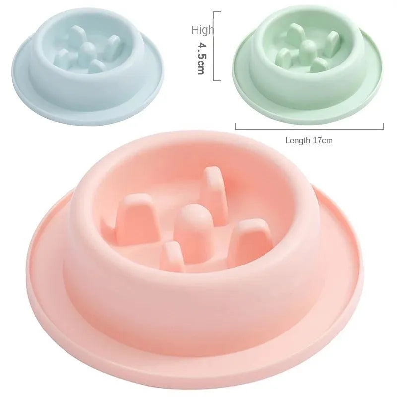 Round pet slow food bowl in blue with raised internal ridges, non-slip base, 17cm diameter