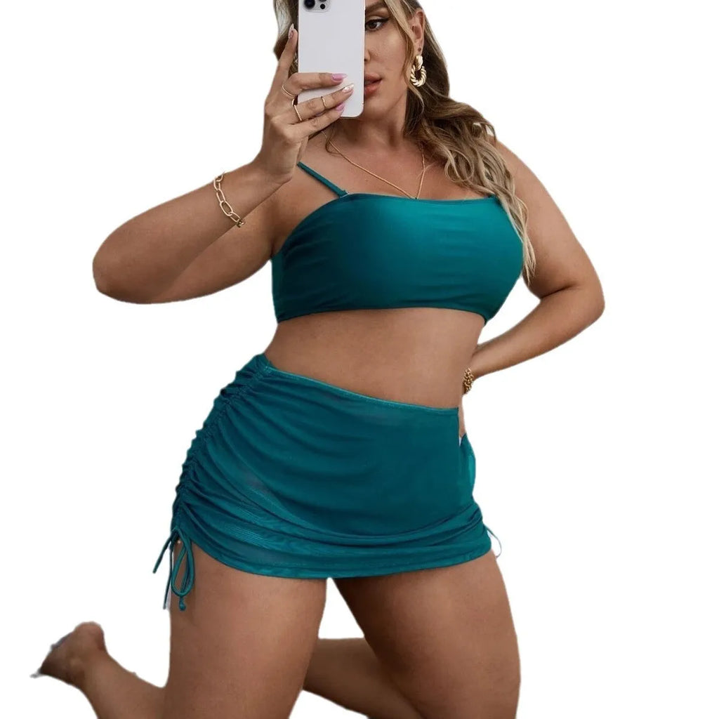 Women's solid colour mesh bikini three-piece set showing top, underwear, and apron on a mannequin.
