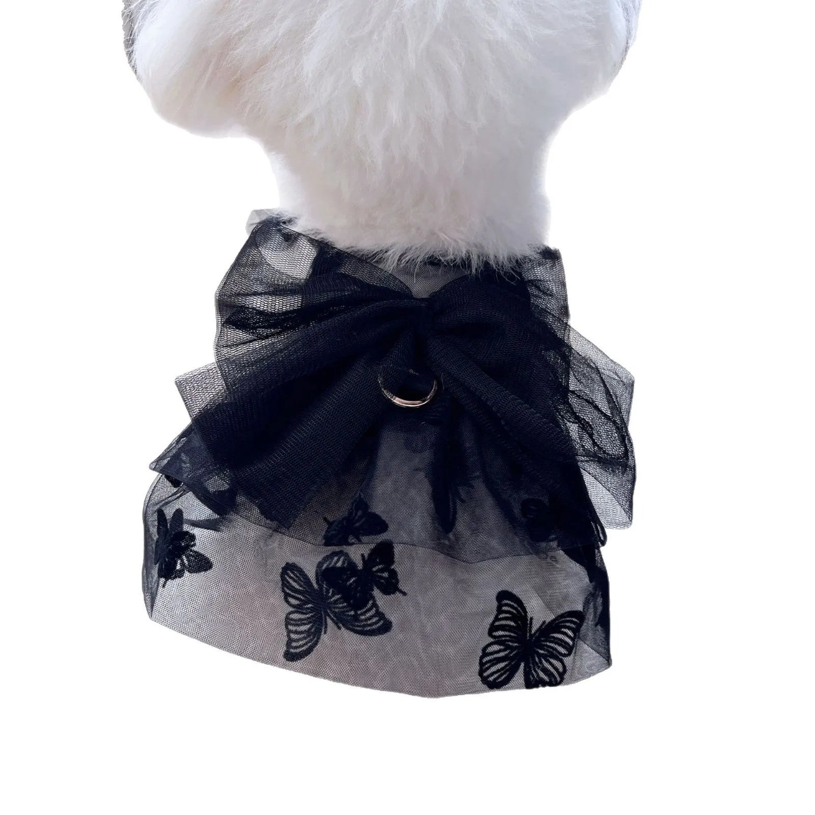 Black gauze princess skirt for a small dog on a mannequin, showing tulle material.