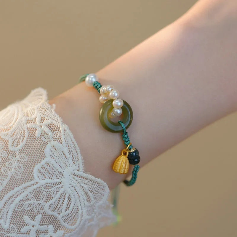 Hand-woven DIY watch band with pearl decorative elements in pearl peace buckle colour, retro style design