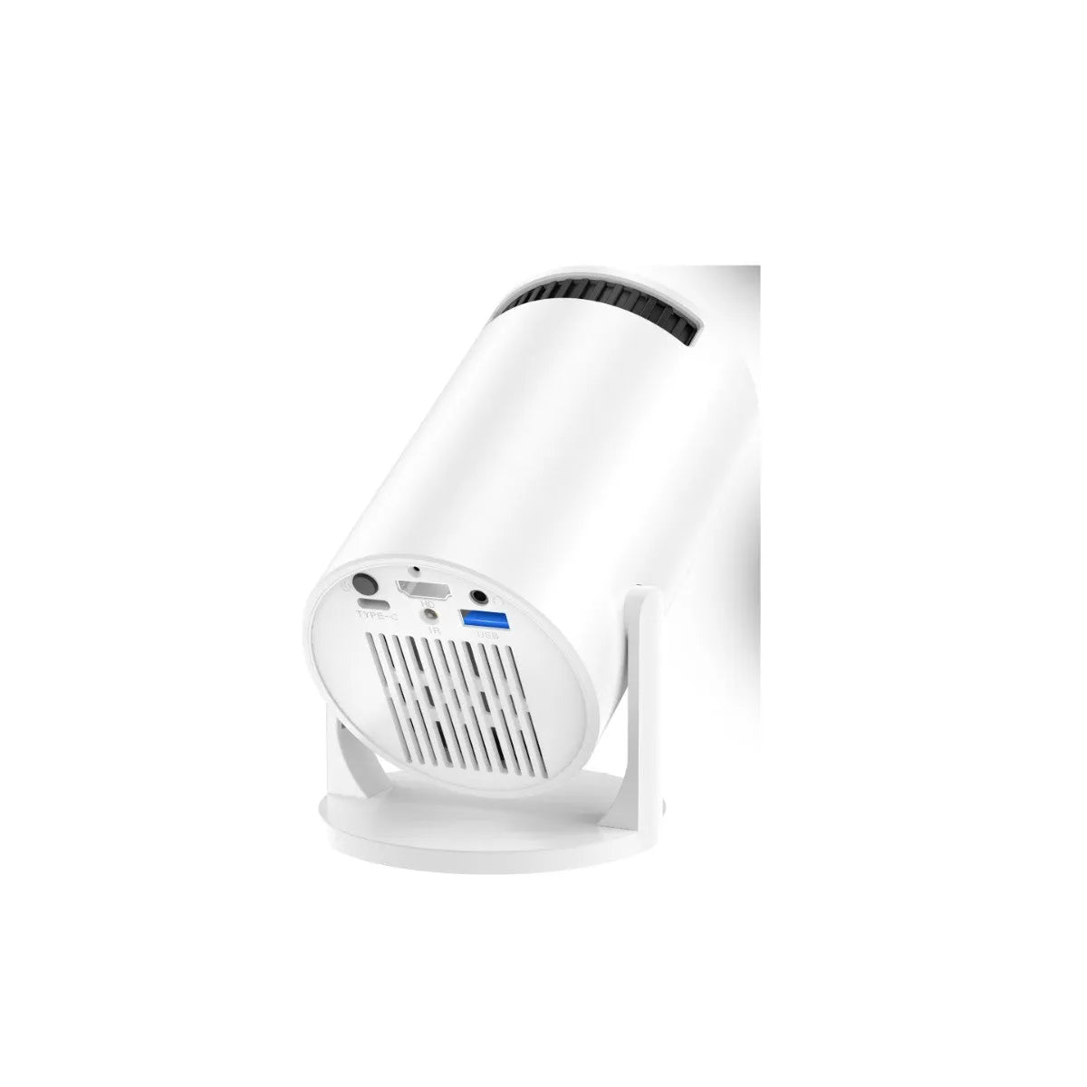 White mini wireless HD portable projector and wireless projection screen for home use.
