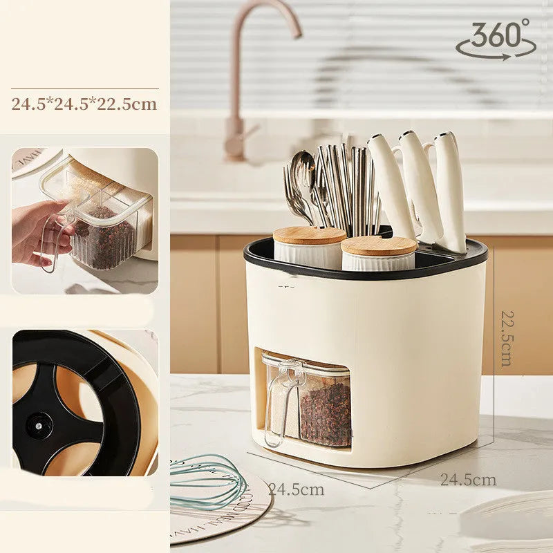 White rotating kitchen storage bucket with an integrated four-section spice box for cutlery and seasoning organisation.