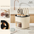 White rotating kitchen storage bucket with an integrated four-section spice box for cutlery and seasoning organisation.