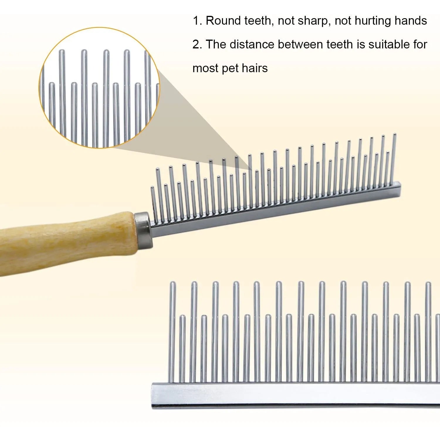 Wooden handle pet grooming comb with round metal teeth for dogs and cats