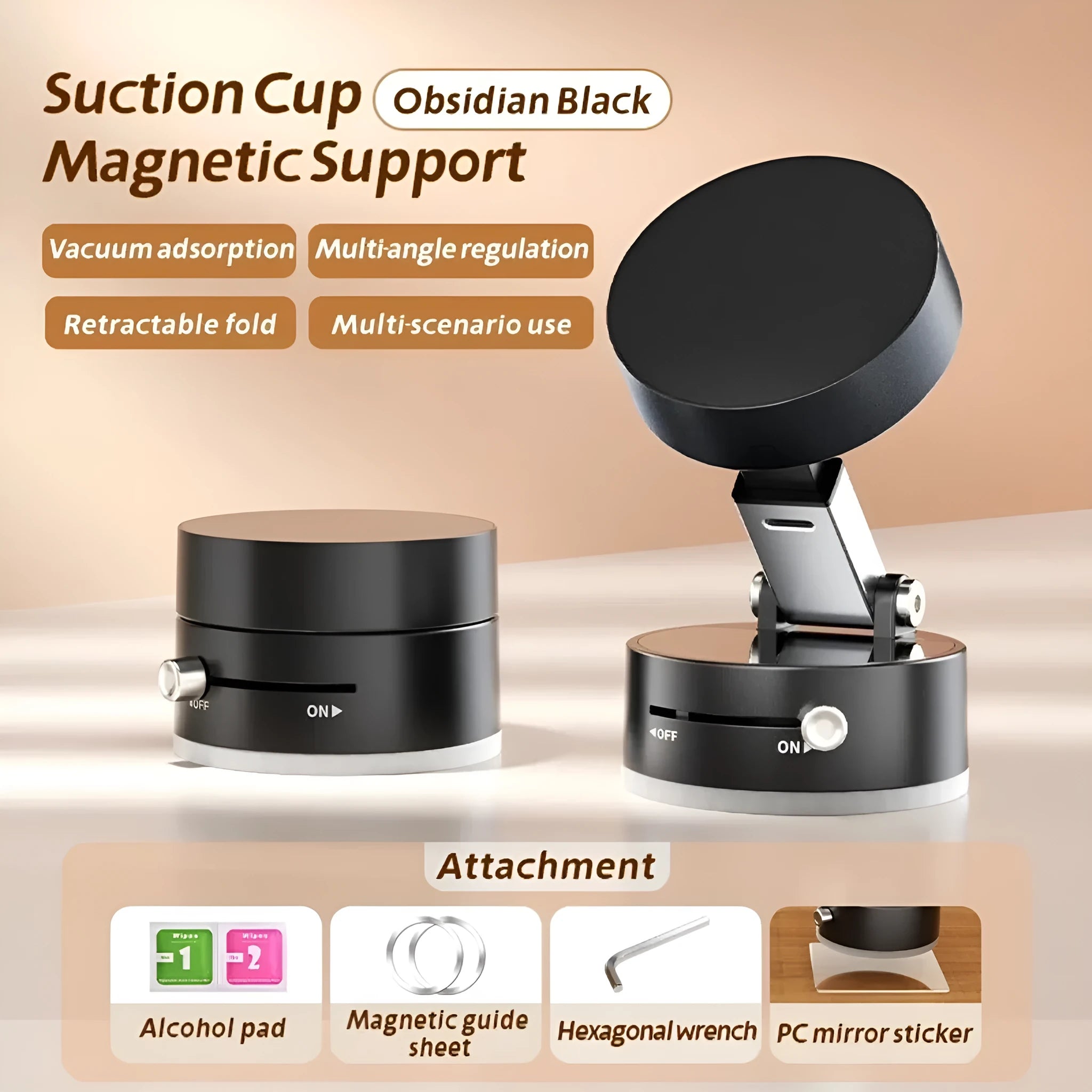 Black car phone mount with vacuum suction cup and magnetic attachment on dashboard