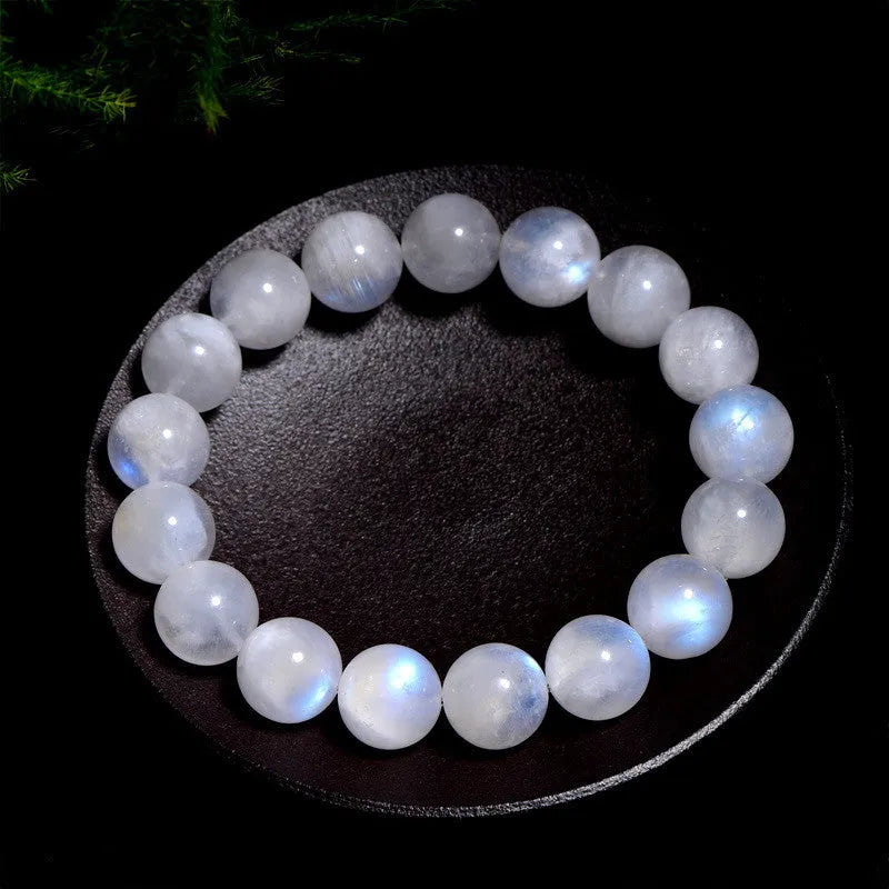 Natural blue moonlight round bead bracelet crafted from genuine moonstone with polished finish
