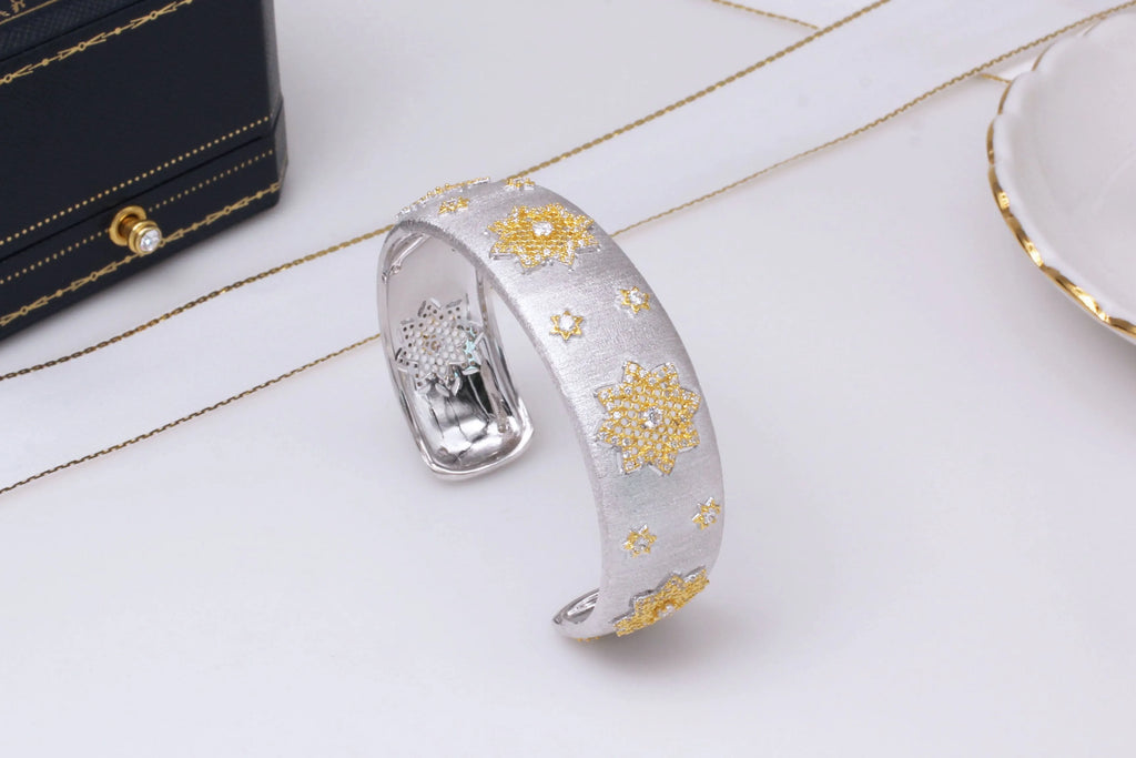 925 silver gold plated divided snowflake bracelet with open adjustable 18mm width