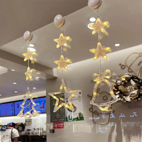 Christmas window lights with star-shaped LED pendants and suction cups for battery-operated festive decoration