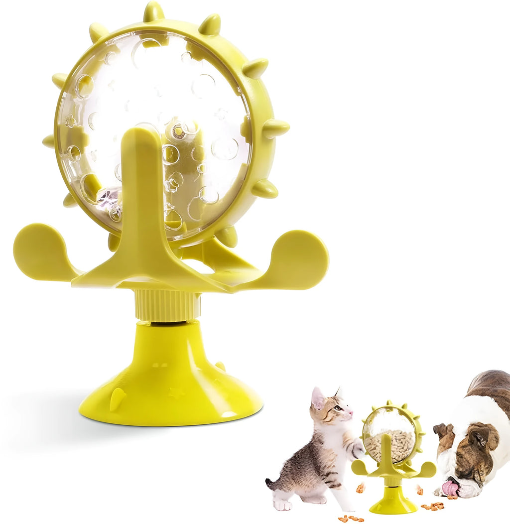 Interactive pet puzzle toy with spinner and sucker base in blue, green, red or yellow for cats and small dogs.