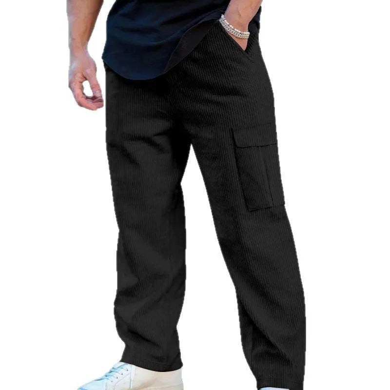 Men's loose-fitting corduroy cargo trousers in army green with a straight leg and drawstring waist.