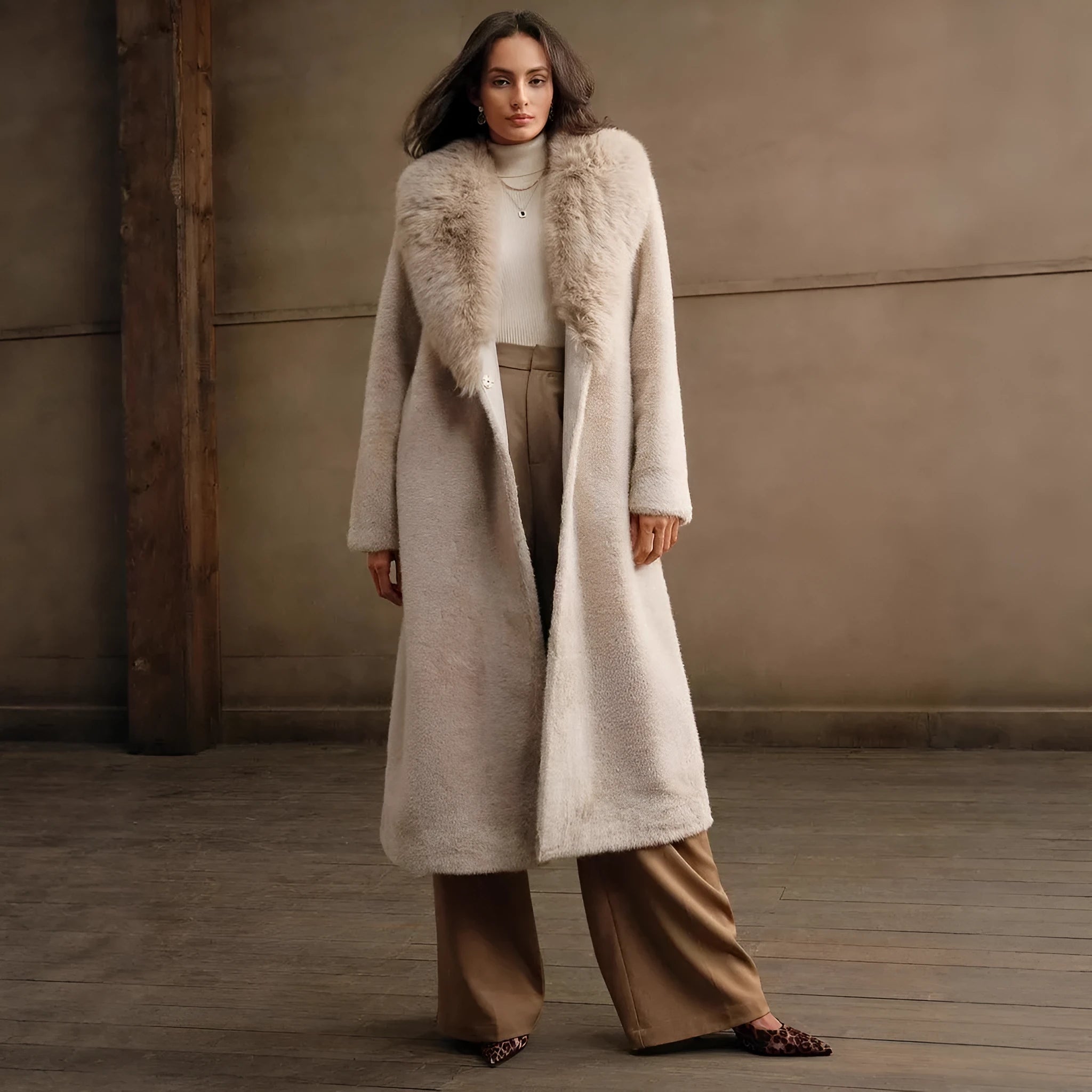 Women's long faux fur coat in camel colour with regular sleeves