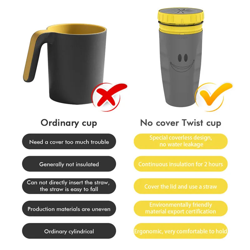 Double wall insulated travel mug with twist top silicone seal showing straw accommodation