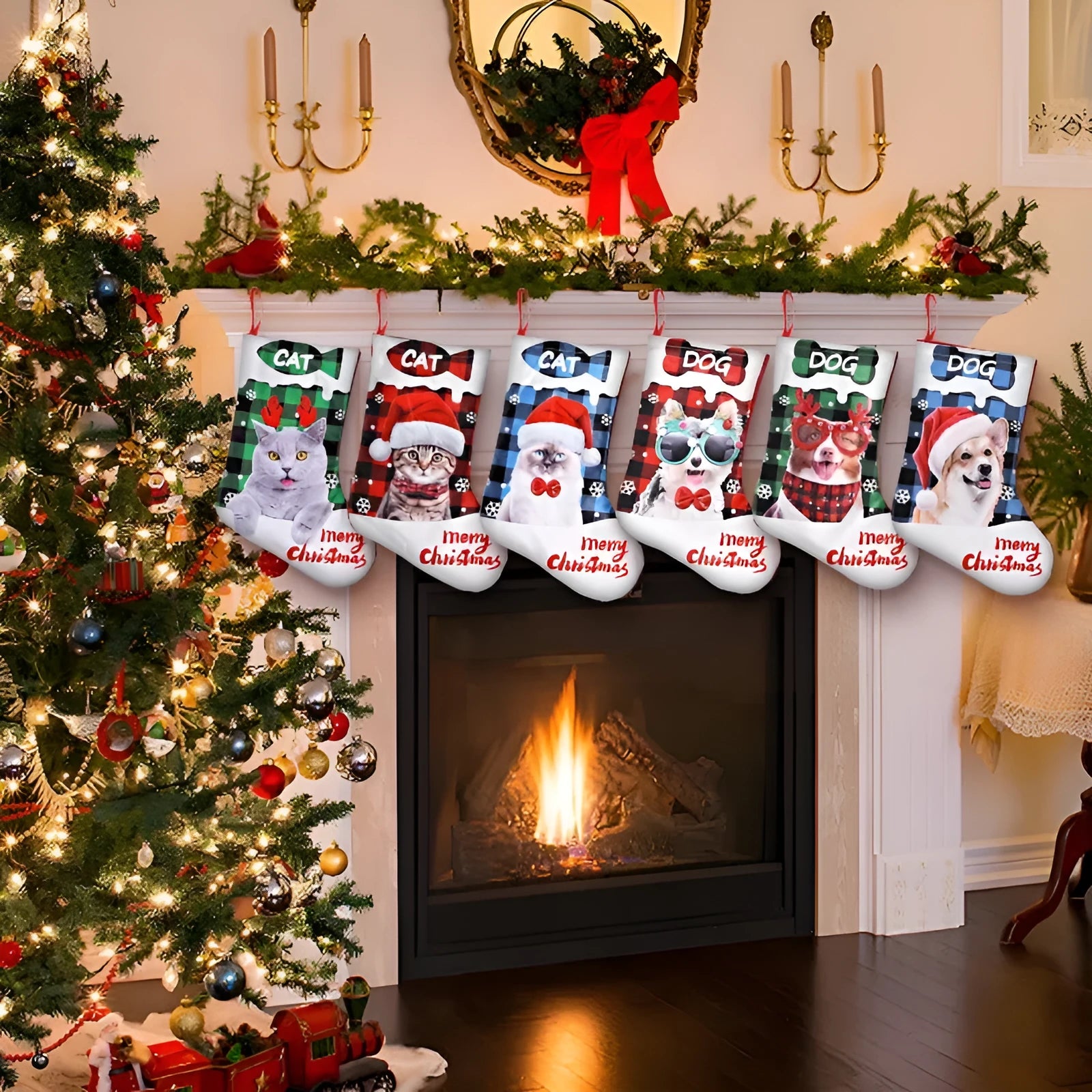 Cloth Christmas wall hanging decoration with printed puppy and cat designs in plaid patterns