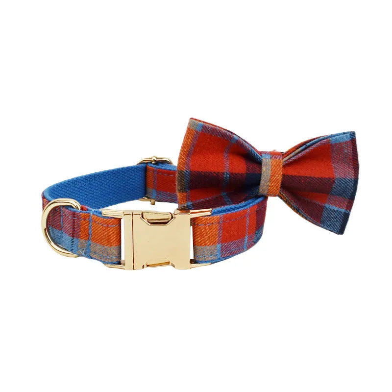Blue velvet plaid dog collar and leash set with matching bandana accessory on adjustable cloth collar