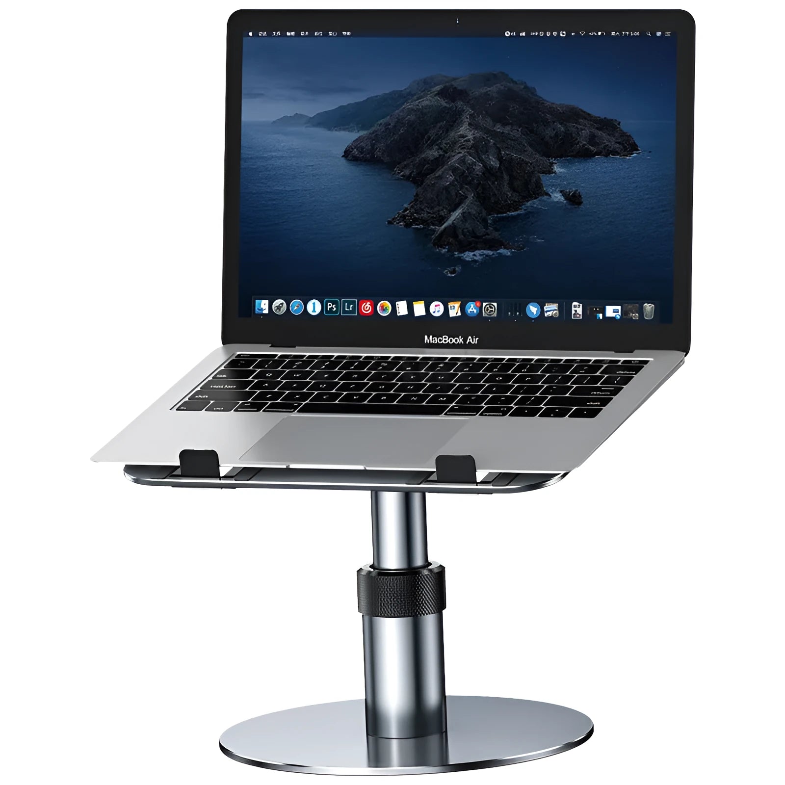 Silver adjustable car laptop stand with rotating base and non-slip silicone pads