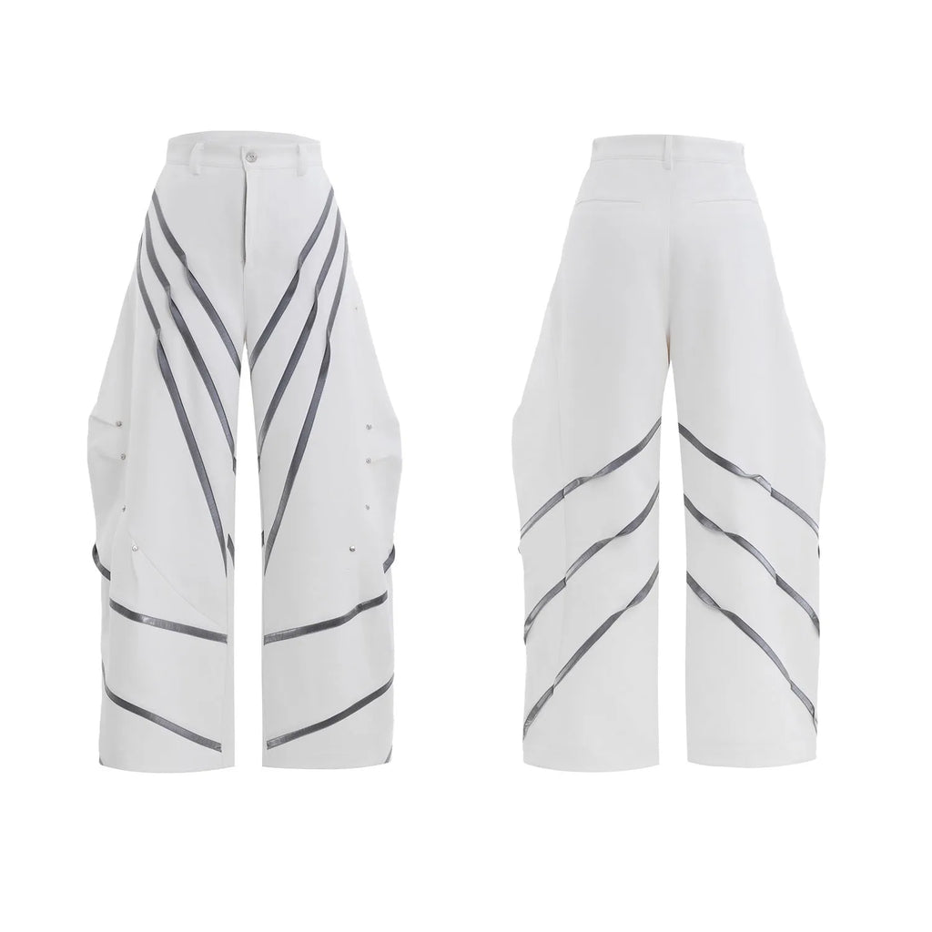 Men's polyester trousers with three-dimensional cutting and metal striped rivet pleated design in black and white colour options