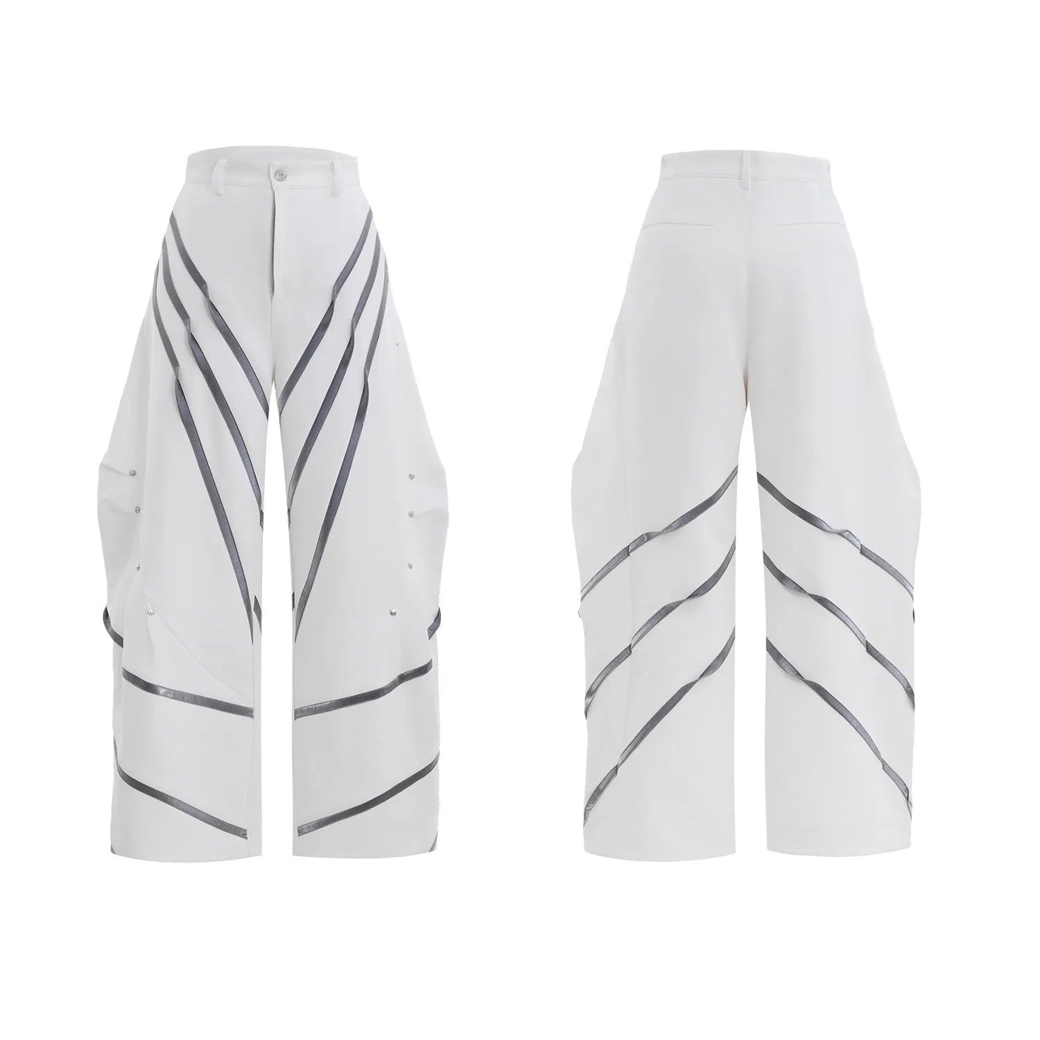 Men's polyester trousers with three-dimensional cutting and metal striped rivet pleated design in black and white colour options