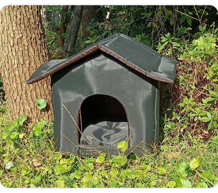 Black outdoor waterproof Oxford cloth cat shelter for stray cats on grass with detachable house nest design