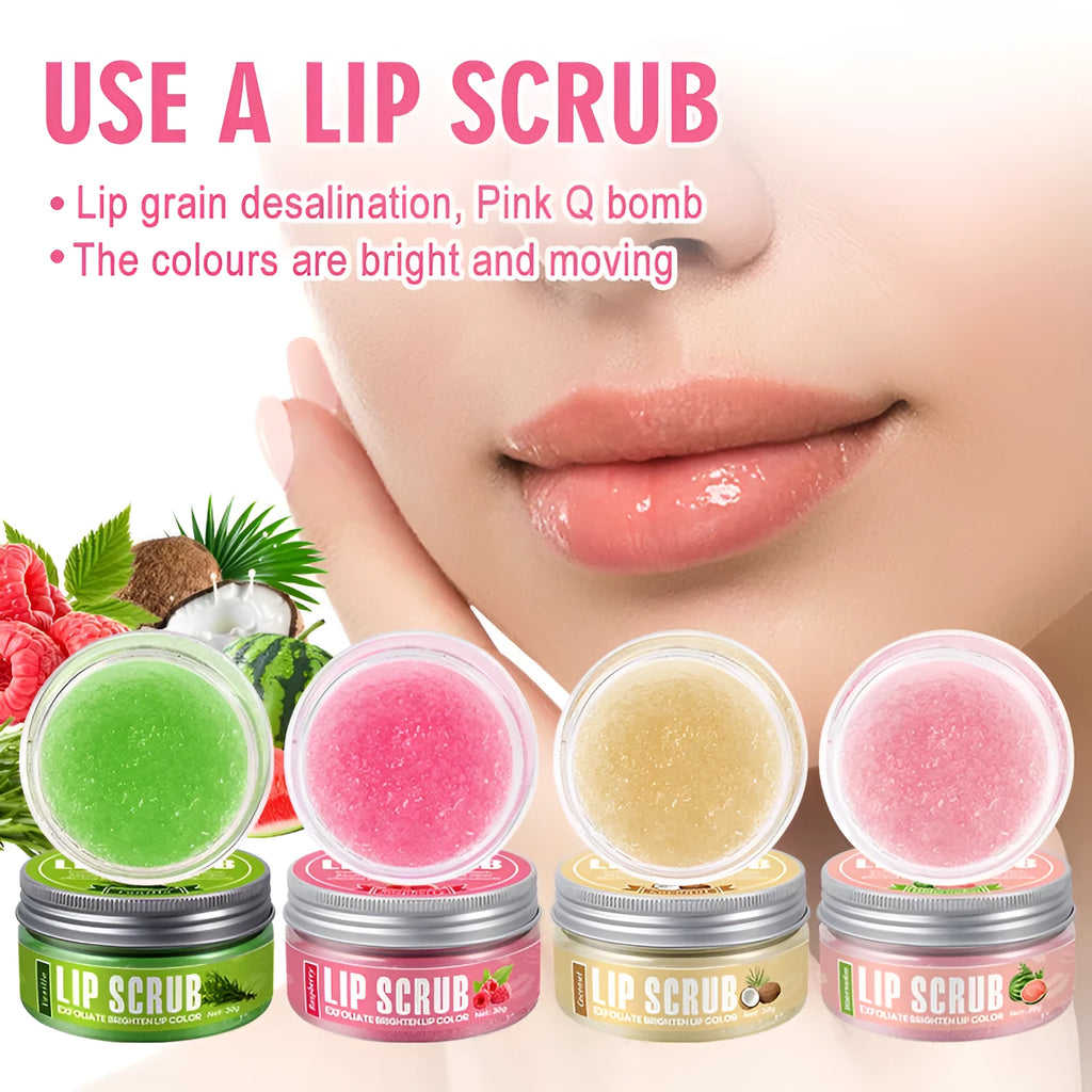 Amatoni lip scrub cream pot in coconut, raspberry, vanilla, or watermelon flavour, 30g size.