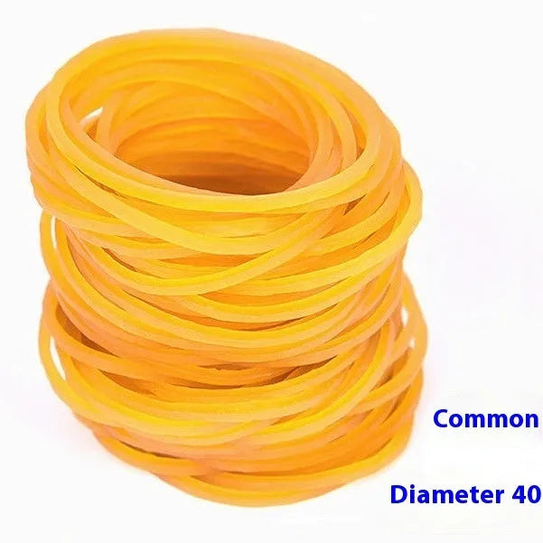 Yellow rubber bands in mixed sizes from 25mm to 70mm diameter in a 500g bulk pack