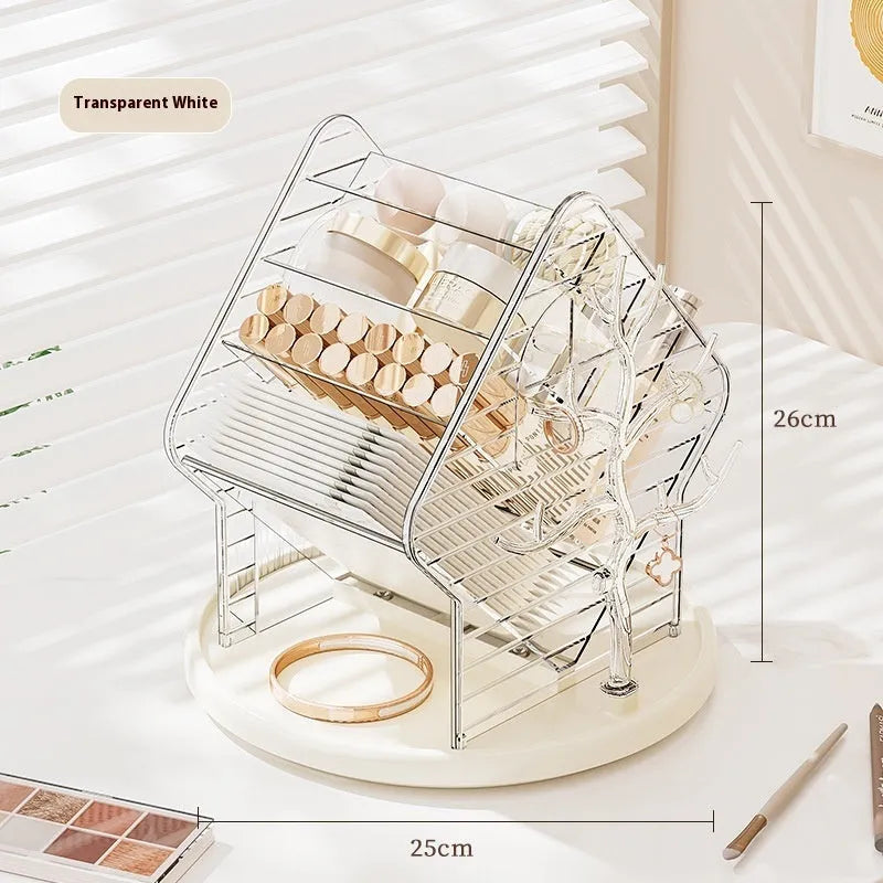 Clear and Amber Gold rotating plastic cosmetics storage box on a countertop