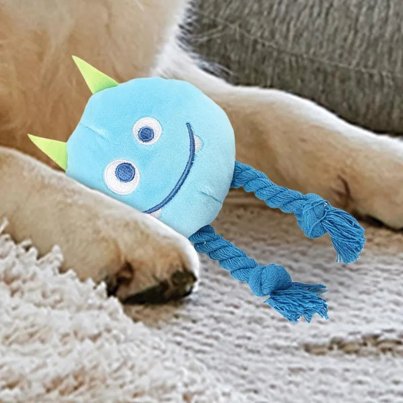 Blue and yellow cartoon animal dog squeaky toys with rope knot construction