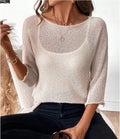 Women's off-shoulder knitted overall in thin fabric with 3D pattern and 3/4 sleeves