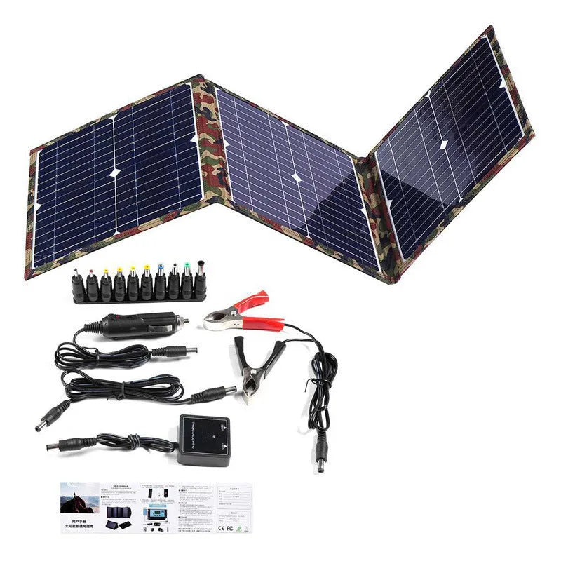 36W black foldable solar panel with monocrystalline cells and charging accessories